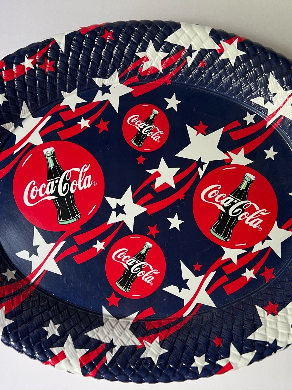 Vintage 1998 Coca Cola Stars, and Stripes Oval Plastic Serving Tray.